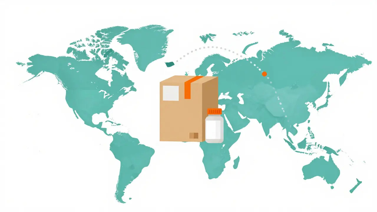 Illustration of a medication package being shipped from Canada to the USA