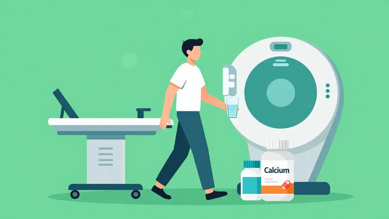 Person staying healthy with vitamins and a DXA scan machine in a flat design style