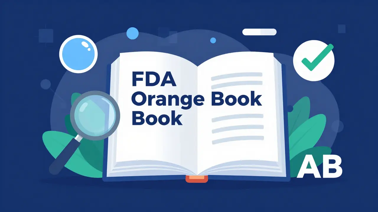 Stylized open book and magnifying glass representing the FDA Orange Book and therapeutic equivalence.