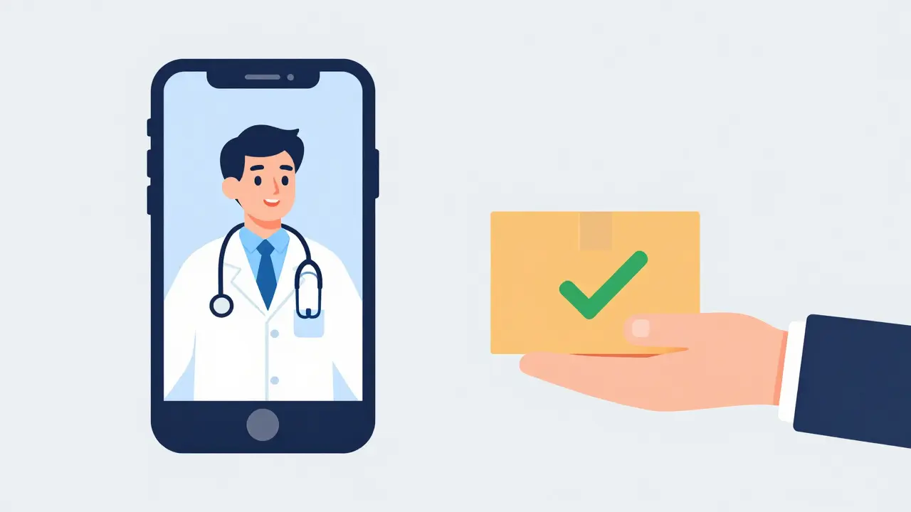 Virtual doctor consultation on a smartphone next to a verified medicine delivery